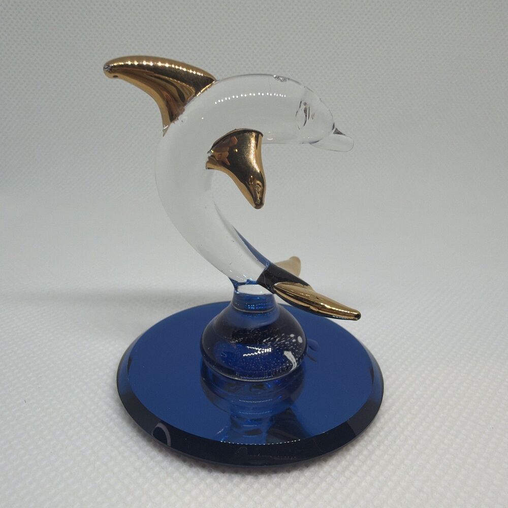 Glass Baron Handcrafted Blown Glass Dolphin Figurine - 22k Gold Accent Cobalt